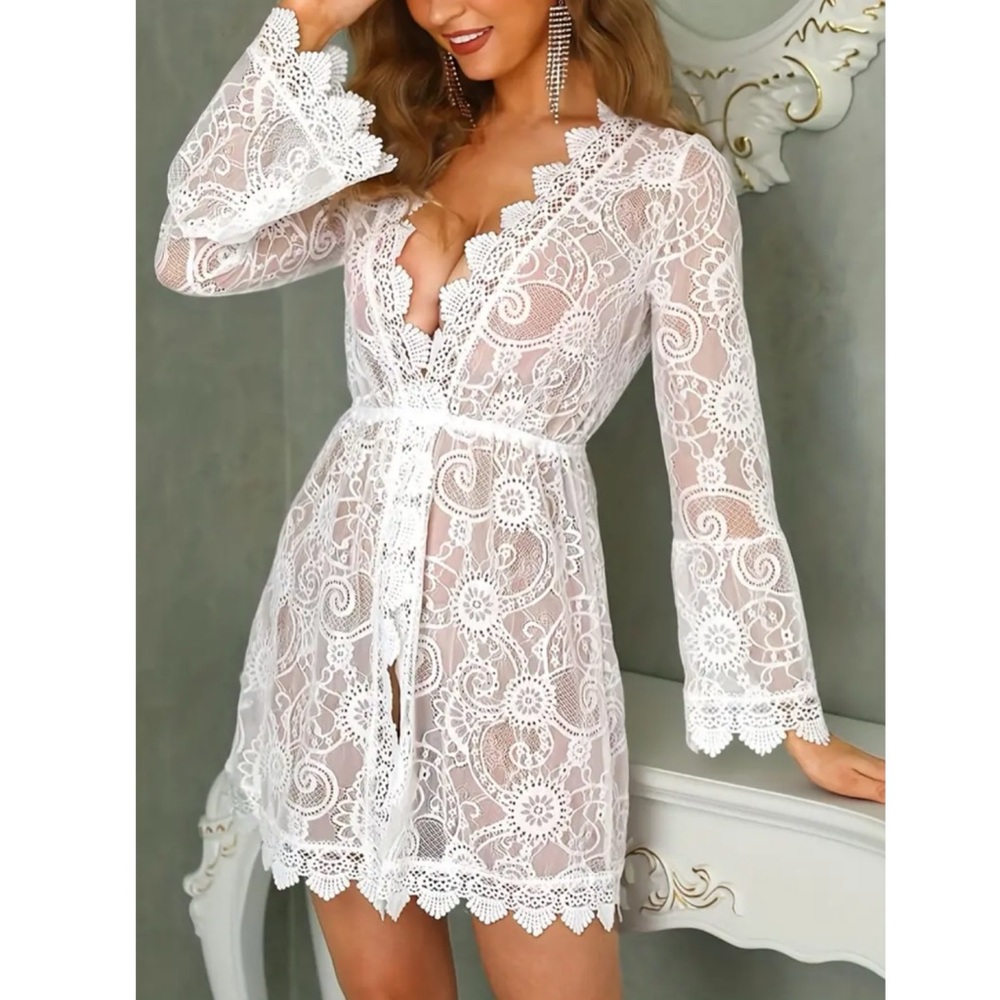 White Scalloped Lace Boho Beach Dress Coverup - Picture 5 of 15